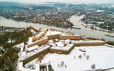 A view over a snowy Koblenz from the Ehrenbreitstein Fortress, Germany